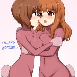 Rule 34 | 2girls, absurdres, anglerfish costume, blush, breasts, brown eyes, brown hair, covered erect nipples, girls und panzer, highres, hug, kiss, large breasts, looking at another, medium hair, multiple girls, nishizumi miho, saliva, saliva trail, short hair, simple background, takebe saori, white background, yuri