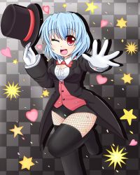 Rule 34 | 1girl, b.leaf, blue hair, blush, boots, bow, bowtie, breasts, cleavage, detached collar, female focus, fishnet pantyhose, fishnets, gloves, hat, highres, leotard, magician, one eye closed, open mouth, pantyhose, red eyes, ribbon, short hair, small breasts, smile, solo, star (symbol), tatara kogasa, thigh boots, thighhighs, top hat, touhou, tuxedo, wink