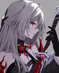 Rule 34 | 1girl, acheron (honkai: star rail), bare shoulders, black choker, blood, bloody tears, body markings, breasts, choker, cleavage, detached sleeves, flower, fuoi, grey background, hair ornament, hand up, highres, holding, holding sword, holding weapon, honkai: star rail, honkai (series), long hair, looking at viewer, medium breasts, red eyes, red flower, simple background, solo, sword, weapon