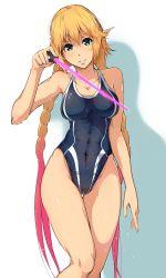 Rule 34 | 1girl, abs, bare shoulders, blonde hair, blue eyes, braid, breasts, cameltoe, collarbone, competition swimsuit, gradient hair, highleg, highleg swimsuit, highres, hip focus, long hair, looking at viewer, multicolored hair, one-piece swimsuit, parted lips, phantasy star, phantasy star online 2, pink hair, pointy ears, simple background, solo, standing, suzuki aika, swimsuit, thigh gap, tokiwa mmm, toned, twin braids, twintails, wet