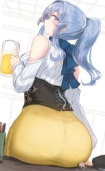 Rule 34 | 1girl, 2girls, alcohol, ass, bare shoulders, beer, beer mug, black footwear, black scrunchie, blue eyes, blue hair, blush, boots, breasts, commentary, corset, cup, desk, detached sleeves, dress, fairy (kancolle), from behind, full body, gotland (kancolle), hair between eyes, holding, holding cup, kantai collection, large breasts, long hair, long skirt, looking at viewer, looking back, mini person, minigirl, mole, mole under eye, mug, multiple girls, official alternate costume, on desk, open mouth, ponytail, scrunchie, shirt, sitting, on desk, skirt, smile, solo, symbol-only commentary, transparent background, utopia, white shirt, yellow skirt