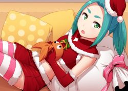 Rule 34 | 1girl, aqua hair, couch, crop top, elbow gloves, fur-trimmed gloves, fur-trimmed headwear, fur-trimmed legwear, fur-trimmed skirt, fur trim, gloves, green eyes, hat, holding, looking at viewer, lying, midriff, miniskirt, monogatari (series), murata isshin, on back, ononoki yotsugi, open mouth, pencil skirt, pillow, polka dot pillow, red gloves, red hat, red skirt, santa costume, santa hat, skirt, solo, stomach, striped clothes, striped thighhighs, thighhighs, twintails