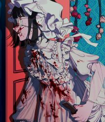 Rule 34 | 1girl, absurdres, black hair, blood, blood on clothes, blood on face, blood on hands, door, dress, eyepatch, from side, hair between eyes, highres, holding, holding knife, indoors, knife, numata zombie, open mouth, original, puffy sleeves, short sleeves, sidelocks, solo, wall, white dress, white headwear