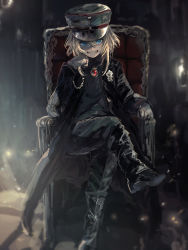 Rule 34 | 10s, 1girl, black coat, blonde hair, blue eyes, boots, coat, commentary request, evil grin, evil smile, full body, grin, hair between eyes, hand on own chin, hat, highres, indoors, crossed legs, light particles, light rays, long sleeves, looking at viewer, military, military hat, military uniform, misaki nonaka, short hair, sitting, smile, solo, sunbeam, sunlight, tanya degurechaff, throne, uniform, youjo senki