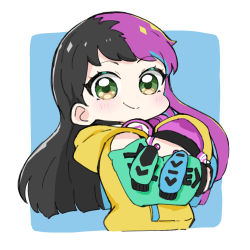 Rule 34 | 1girl, black hair, blue background, blue sleeves, blush, closed mouth, copyright request, cropped torso, detached sleeves, green eyes, green sleeves, hood, hood down, hoodie, long hair, long sleeves, looking at viewer, multicolored hair, nozo (hitomiz), hugging object, pink hair, puffy long sleeves, puffy sleeves, sleeveless, sleeveless hoodie, smile, solo, two-tone background, two-tone hair, upper body, very long hair, white background, yellow hoodie