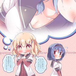 Rule 34 | 2girls, arms at sides, blonde hair, blue hair, blush, breast envy, breasts, brown eyes, cleavage, furutani himawari, hair ornament, hairband, hairclip, hands on own chest, highres, looking at another, looking away, looking down, medium breasts, multiple girls, oomuro sakurako, parted lips, photo inset, short hair, sweatdrop, takahero, thought bubble, translation request, yuru yuri