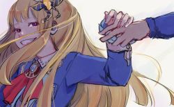 Rule 34 | 10s, 1girl, blonde hair, blue jacket, cagliostro (granblue fantasy), cagliostro (youthful uniform) (granblue fantasy), collared shirt, first forest, floating hair, granblue fantasy, grin, hair ornament, holding hands, jacket, long hair, long sleeves, looking at another, looking to the side, purple eyes, school uniform, shirt, simple background, smile, solo focus, teeth, white background