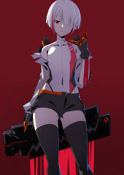 Rule 34 | 1girl, absurdres, arm behind back, arm tattoo, backlighting, black gloves, black thighhighs, blouse, bob cut, bodysuit, cable, covered collarbone, covered navel, cowboy shot, gloves, hair over one eye, halftone, halterneck, head tilt, headphones, highres, holding, holding weapon, las91214, legs apart, leotard, leotard under clothes, looking at viewer, m/, off shoulder, open clothes, open shirt, original, parted bangs, red background, red eyes, shirt, short hair, short hair with long locks, short shorts, shorts, solo, standing, tattoo, thighhighs, thighs, weapon, white hair, white shirt