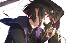 Rule 34 | 1boy, bishounen, black bridal gauntlets, bridal garter, bridal gauntlets, eyelashes, fang, from side, highres, holding, holding microphone, key print, lilia vanrouge, male focus, microphone, music, night raven college uniform, open mouth, ororooops, pointy ears, short hair, simple background, singing, solo, twisted wonderland, white background