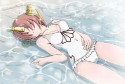 Rule 34 | 1girl, bare shoulders, breasts, cameltoe, cleavage, covered navel, fate/apocrypha, fate (series), frankenstein&#039;s monster (fate), hair ornament, hair over eyes, horns, lying, medium breasts, on back, parted lips, pink hair, short hair, single horn, solo, swimsuit, water