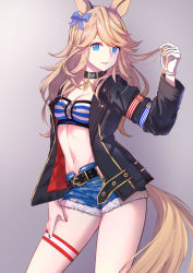 Rule 34 | 1girl, animal ears, bandeau, belt, black belt, black choker, black jacket, blonde hair, blue bow, blue eyes, blue nails, bow, breasts, choker, cleavage, commentary, cowboy shot, cutoffs, denim, denim shorts, gloves, gold city (umamusume), gradient background, grey background, hair bow, hand up, highres, horse ears, jacket, long hair, long sleeves, looking at viewer, medium breasts, midriff, murazo (0606), nail polish, navel, open clothes, open jacket, parted lips, red nails, short shorts, shorts, single glove, solo, standing, stomach, strapless, striped bandeau, tail, thigh strap, thighs, tube top, umamusume, white gloves