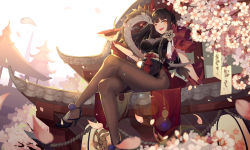 Rule 34 | 1girl, :d, absurdres, architecture, bad id, bad pixiv id, black footwear, blush, breasts, brown eyes, brown hair, brown pantyhose, cherry blossoms, cleavage, crossed legs, cup, day, dragon, east asian architecture, eclipse isle, high heels, highres, ibex, lantern, large breasts, long hair, open mouth, outdoors, pantyhose, paper lantern, petals, sakazuki, sitting, sky, smile, tassel, very long hair, white sky