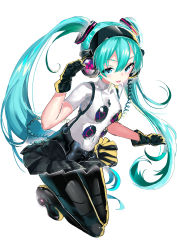 Rule 34 | 1girl, absurdres, alternate costume, aqua eyes, aqua hair, black gloves, black legwear, gloves, hatsune miku, headphones, highres, kikimi, long hair, looking at viewer, parted lips, persona, persona 4: dancing all night, persona dancing, pleated skirt, simple background, skirt, smile, solo, twintails, vocaloid, white background