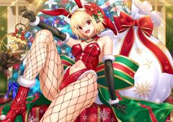 1girl ahoge animal_ears arcueid_brunestud bare_shoulders blonde_hair elbow_gloves fate_(series) fishnet_pantyhose fishnets gift gloves hair_ornament harukey highres leotard melty_blood midriff neco-arc open_mouth pantyhose pine_tree playboy_bunny rabbit_ears red_eyes red_footwear red_leotard ribbon short_hair solo tree tsukihime tsukihime_(remake)