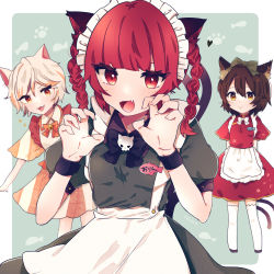 Rule 34 | 3girls, :&gt;, :3, absurdres, animal ears, apron, bell, blush, braid, brown eyes, brown hair, cat ears, cat tail, chen, closed mouth, dress, fang, goutokuji mike, green dress, heart, highres, jingle bell, kaenbyou rin, long hair, multicolored hair, multiple girls, multiple tails, necono (nyu6poko), open mouth, orange eyes, puffy short sleeves, puffy sleeves, red dress, red eyes, red hair, short hair, short sleeves, smile, streaked hair, tail, thighhighs, touhou, twin braids, white apron, white hair, white legwear