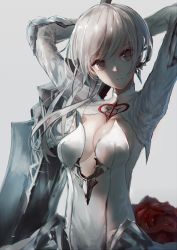 Rule 34 | 1girl, arms behind head, asymmetrical hair, breasts, brown eyes, center opening, cleavage, elbow gloves, flower, gloves, hair ribbon, highres, ribbon, rose, sinoalice, snow white (sinoalice), solo, swav, sword, weapon, white background, white hair