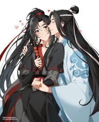 Rule 34 | 2boys, black hair, chinese clothes, closed eyes, closed mouth, eating, green eyes, hair ornament, hair ribbon, hand on shoulder, headband, highres, holding, holding hands, holding skewer, lan wangji, long hair, looking at another, male focus, modao zushi, multiple boys, ponytail, red ribbon, ribbon, sitting, skewer, smile, very long hair, wei wuxian, white headband, yaoi