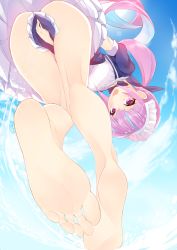 Rule 34 | 1girl, absurdres, ass, barefoot, covering privates, covering crotch, feet, highres, hololive, long hair, looking at viewer, maid headdress, minato aqua, open mouth, pink eyes, pink hair, soles, splashing, toes, twintails, virtual youtuber