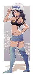 Rule 34 | 1girl, :p, armband, baseball cap, black bra, black hair, blue eyes, blue shorts, blue thighhighs, bra, bright pupils, commentary, commission, copyright request, english commentary, full body, hand on own hip, hand up, hat, highres, jewelry, lamb-oic029, long hair, looking at viewer, necklace, one eye closed, shorts, smile, solo, standing, swept bangs, thighhighs, tongue, tongue out, underwear, white pupils
