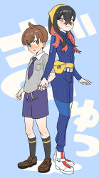 Rule 34 | 1boy, 1girl, absurdres, black hair, black socks, blue background, blue jacket, blue pants, blueberry academy school uniform, blush, brown eyes, brown footwear, brown hair, carmine (pokemon), closed mouth, collared shirt, colored inner hair, couple, creatures (company), crossed bangs, fanny pack, florian (pokemon), full body, game freak, hair between eyes, hairband, height difference, hetero, highres, holding hands, jacket, long hair, long sleeves, looking at another, mole, mole under eye, momoji (momoemomoe204), multicolored hair, necktie, nintendo, open mouth, pants, pokemon, pokemon sv, purple necktie, purple shorts, red hair, school uniform, shirt, shoes, short hair, short sleeves, shorts, smile, socks, two-tone hair, uva academy school uniform, white footwear, yellow eyes, yellow hairband