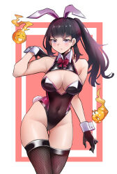 Rule 34 | 1girl, absurdres, alternate costume, animal ears, arm up, bare arms, bare shoulders, black hair, black leotard, blush, bow, bowtie, breasts, closed mouth, covered navel, detached collar, dnumde, en&#039;en no shouboutai, fire, fishnet thighhighs, fishnets, fire, highleg, highleg leotard, highres, hitodama, large breasts, leotard, long hair, maki oze, playboy bunny, ponytail, purple eyes, rabbit ears, rabbit tail, red bow, red bowtie, solo, tail, thigh gap, thighhighs, thighs, v-shaped eyebrows, wide hips, wrist cuffs