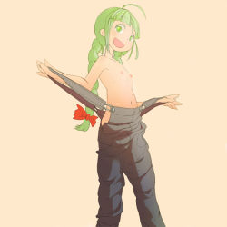 Rule 34 | 1girl, :d, ahoge, armpits, braid, breasts, flat chest, green eyes, green hair, matching hair/eyes, me-tan, naked overalls, navel, nipples, open mouth, os-tan, overalls, simple background, smile, solo, topless, waaaaaaaaa