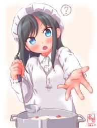 Rule 34 | 10s, 1girl, 2016, ?, apron, asashio (kancolle), black hair, blue eyes, blush, buttons, commentary request, cooking, dated, food, head tilt, highres, kanon (kurogane knights), kantai collection, kappougi, ladle, long hair, long sleeves, looking at viewer, open hand, open mouth, outstretched arm, pot, solo, spoken question mark