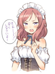 Rule 34 | 10s, 1girl, bare shoulders, blush, corset, detached collar, detached sleeves, kuinji 51go, looking at viewer, love live!, love live! school idol festival, love live! school idol project, maid, maid headdress, neck ribbon, nishikino maki, open mouth, parted bangs, purple eyes, red hair, ribbon, short hair, solo, speech bubble, strapless, translated, upper body, white background
