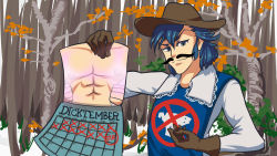Rule 34 | 10s, 1boy, autumn leaves, blue eyes, blue hair, brown gloves, calendar (object), english text, fake facial hair, fake mustache, forest, gloves, glowing, glowing nipples, hat, highres, kill la kill, male focus, matching hair/eyes, mikisugi aikurou, nature, pun, solo, triple-q