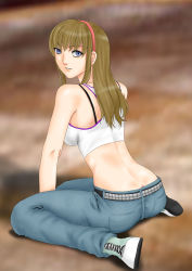 Rule 34 | 1girl, absurdres, ass, belt, blue eyes, breasts, brown hair, butt crack, dead or alive, denim, female focus, from behind, hairband, highres, hitomi (doa), jeans, light smile, long hair, looking at viewer, looking back, pants, shiten&#039;nou (artist), sideboob, sitting, smile, solo, tecmo, wariza
