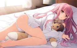 Rule 34 | 1girl, ass, bare legs, barefoot, bed, blush, brown eyes, dress shirt, feet, highres, imouto no katachi, long hair, long legs, long sleeves, looking at viewer, lying, mutou kurihito, no pants, hugging object, on bed, on side, on stomach, panties, parted lips, pillow, pink hair, sena miyuki, shirt, solo, stuffed toy, sunlight, toes, underwear, wallpaper, white panties