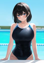 Rule 34 | 1girl, backlighting, bare arms, bare shoulders, black hair, black one-piece swimsuit, black sweater, blue sweater, blurry, blurry background, blush, breasts, closed mouth, collarbone, cowboy shot, day, groin, hair between eyes, highres, large breasts, medium hair, mole, mole under eye, moshiwa (indigollite), one-piece swimsuit, original, outdoors, pool, purple eyes, shiny clothes, sweater, swimsuit, two-tone swimsuit, wet