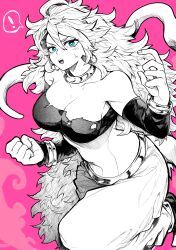 Rule 34 | !, 1girl, absurdres, android 21, bare shoulders, blue eyes, bracelet, breasts, choker, cleavage, collarbone, detached sleeves, dragon ball, dragon ball fighterz, greyscale, greyscale with colored background, hair between eyes, highres, jewelry, large breasts, long hair, looking at viewer, majin android 21, midriff, monochrome, open mouth, pants, pink background, solo, spoken exclamation mark, tail, teeth, torn clothes, upper teeth only, yotsumi shiro