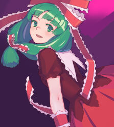 Rule 34 | 1girl, absurdres, arm ribbon, blunt bangs, bow, dinoswift, dress, frilled bow, frilled ribbon, frills, front ponytail, green eyes, green hair, hair bow, hair ribbon, highres, kagiyama hina, looking at viewer, open mouth, puffy short sleeves, puffy sleeves, purple background, red bow, red dress, ribbon, short sleeves, solo, teeth, touhou, upper body, upper teeth only