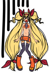 Rule 34 | 1girl, absurdres, arc system works, bare shoulders, black thighhighs, blazblue, blazblue: continuum shift, blonde hair, boots, cosplay, crop top, early type, flat chest, hair ribbon, hairband, highleg, highleg panties, highres, knees together feet apart, long hair, low-tied long hair, makoto nanaya, makoto nanaya (cosplay), midriff, miniskirt, navel, o o, panties, platinum the trinity, ribbon, short twintails, skirt, solo, thighhighs, twintails, two side up, underwear, very long hair, wide-eyed