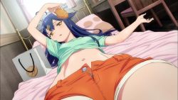 Rule 34 | 10s, 1girl, :o, ahoge, anime screenshot, arm up, bag, bed, bed frame, bed sheet, blue hair, blue shirt, chair, desk, end card, food, hair flaps, hair ornament, hairclip, half-closed eyes, highres, hinako note, holding, holding food, indoors, long hair, looking at viewer, lying, midriff, natsukawa kuina, navel, on back, on bed, open fly, open mouth, orange shorts, parted bangs, paw print, pillow, screencap, shirt, shopping bag, short sleeves, shorts, solo, stomach, sunlight, taiyaki, unbuttoned, unzipped, wagashi, yellow eyes