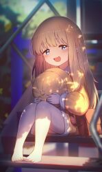 Rule 34 | 1girl, absurdres, bag, barefoot, blonde hair, blue eyes, blurry, blurry background, blush, commission, day, hat, highres, holding, holding clothes, holding hat, hoplitx, long hair, long sleeves, looking at viewer, open mouth, original, outdoors, pixiv commission, sitting, solo, stairs, unworn hat, unworn headwear, yellow footwear