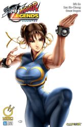 Rule 34 | 1girl, abs, arm up, bracelet, brown eyes, brown hair, capcom, chun-li, cover, cover page, crop top, double bun, double vertical stripe, food, foreshortening, hair between eyes, hair bun, hair ribbon, jewelry, leg lift, leotard, lips, looking away, muscular, narrow waist, noodles, official art, omar dogan, ribbon, shirt, simple background, skin tight, sleeveless, solo, spread legs, standing, standing on one leg, street fighter, striped, taut clothes, taut shirt, thick thighs, thighs, turtleneck, udon, udon entertainment, unitard, white background, wide hips