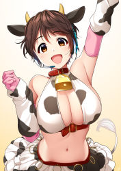 Rule 34 | 1girl, absurdres, animal ears, animal print, bell, neck bell, belt, bikini, bikini top only, breasts, brown eyes, brown hair, cleavage, collar, commentary request, cow ears, cow girl, cow horns, cow print, cow tail, cowbell, elbow gloves, gloves, halterneck, halterneck, headset, highres, horns, idolmaster, idolmaster cinderella girls, large breasts, layered skirt, looking at viewer, mikapoe, navel, oikawa shizuku, pink gloves, short hair, skirt, solo, swimsuit, tail