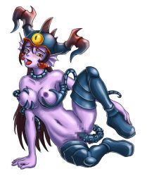 Rule 34 | boots, breasts squeezed together, breasts, brown hair, censored, colored skin, helmet, horns, living clothes, long hair, masturbation, navel, nipples, nude, psyme, purple skin, self tentacle fucking, sigma star saga, tentacles, thigh boots, thighhighs, tongue, vaginal, very long hair, wayforward, yellow eyes
