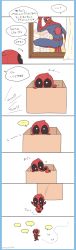Rule 34 | 2boys, aged down, bad id, bad pixiv id, bodysuit, box, building, cardboard box, chibi, chiemi (chi222xxx), child, comic, deadpool, deadpool (series), flat color, footprints, highres, in box, in container, indoors, male focus, marvel, motion lines, multiple boys, spider-man, spider-man (series), squatting, superhero costume, twitter username, waving, white background, window