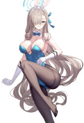 Rule 34 | 1girl, animal ears, asuna (blue archive), asuna (bunny) (blue archive), bare shoulders, blue archive, blue eyes, blue leotard, blue ribbon, blush, breasts, brown pantyhose, cleavage, detached collar, elbow gloves, fake animal ears, feet, foot out of frame, gloves, grin, hair over one eye, hair ribbon, halo, highleg, highleg leotard, highres, large breasts, legs, leotard, light brown hair, long hair, looking at viewer, mole, mole on breast, no shoes, pantyhose, playboy bunny, rabbit ears, ribbon, ririko (zhuoyandesailaer), smile, solo, thighband pantyhose, thighs, toes, very long hair, white gloves