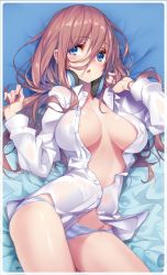 Rule 34 | 1girl, :o, areola slip, blue eyes, blue panties, blush, border, breasts, breasts apart, buttons, collarbone, collared shirt, cowboy shot, dress shirt, go-toubun no hanayome, hair between eyes, hair spread out, hands up, highres, hong (white spider), large breasts, long hair, long sleeves, looking at viewer, lying, nakano miku, no bra, no pants, on back, open clothes, open shirt, panties, parted lips, patreon username, pillow, red hair, shirt, sidelocks, signature, solo, striped clothes, striped panties, underwear, white border, white shirt