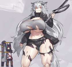Rule 34 | 2girls, alternate breast size, anger vein, animal ears, arknights, black hair, black shorts, breasts, chibi, chibi inset, coat, covered erect nipples, doctor (arknights), feet out of frame, grey background, hair between eyes, hair ornament, hairclip, holding, holding sword, holding weapon, huge breasts, jacket, lappland (arknights), legs apart, long hair, material growth, melon22, midriff, multiple girls, muscular, no bra, open clothes, open jacket, originium (arknights), oripathy lesion (arknights), scar, scar across eye, scar on face, sharp teeth, shirt, shorts, silver hair, standing, strapless, sword, tail, teeth, texas (arknights), thick thighs, thighs, torn clothes, torn shirt, torn shorts, torn tube top, tube top, underboob, very long hair, weapon, wolf ears, wolf girl, wolf tail, yellow eyes