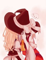 Rule 34 | 2girls, ascot, blonde hair, bow, braid, commentary request, detached sleeves, hakurei reimu, hat, hat bow, heart, highres, kirisame marisa, kiss, long hair, multiple girls, red skirt, ribbon-trimmed sleeves, ribbon trim, short sleeves, side braid, single braid, skirt, skirt set, speech bubble, spoken heart, touhou, translation request, waist bow, witch hat, yellow ascot, yomogi 9392, yuri