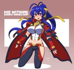 Rule 34 | 1girl, antenna hair, blazblue, blazblue: central fiction, blazblue variable heart, blue hair, bow, breasts, cropped legs, fingerless gloves, genderswap, genderswap (mtf), gloves, hair between eyes, hair bow, halterneck, halterneck, hida naria, highres, large breasts, long hair, mai natsume, midriff, navel, pants, pink eyes, ponytail, sideboob, solo