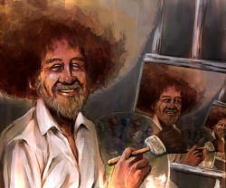 Rule 34 | 1boy, afro, beard, bob ross, commentary request, creepy, easel, empty eyes, facial hair, grin, horror (theme), huge afro, nekokun, original, paintbrush, painting (action), palette (object), real life, real life insert, recursion, smile, the joy of painting, trim brush, white eyes