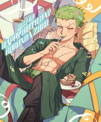 Rule 34 | 1boy, abs, cake, cake slice, confetti, dol ishi, earrings, eating, food, fork, gift, green hair, grey eyes, happy birthday, haramaki, highres, holding, holding food, holding fork, jewelry, looking at viewer, lying, male focus, multiple swords, on back, one eye closed, one piece, pillow, roronoa zoro, scar, scar across eye, scar on chest, sheath, sheathed, short hair, solo, sword, weapon