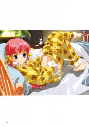 Rule 34 | 1girl, barefoot, bed, blue eyes, bow, cat, clothes pull, hair bow, hair ribbon, happoubi jin, highres, long hair, lying, non-web source, pajamas, panties, pants, pants pull, pink hair, pulled by self, ribbon, scan, scan artifacts, solo, underwear, undressing, white cat, white panties