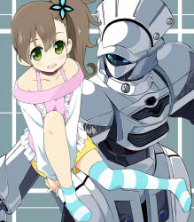 Rule 34 | 1girl, bare shoulders, blush, brown hair, butterfly hair ornament, choker, chousoku henkei gyrozetter, feet, green eyes, hair ornament, inaba rinne, jpeg artifacts, long hair, long sleeves, looking at viewer, mecha, no shoes, open mouth, prius alpha, ribbon choker, robot, shorts, side ponytail, single thighhigh, smile, solo, striped clothes, striped thighhighs, thighhighs, wara (warapro)